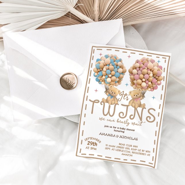 Convite Garota Gêmea Ursa Rosa Chá de fraldas Azul (Criador carregado)