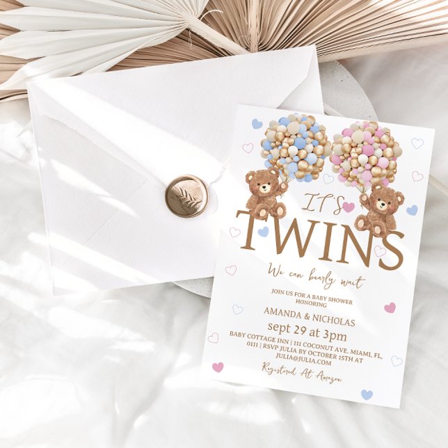 Convite Garota gêmeas ursinhas balões de ursos Chá de fral (Criador carregado)