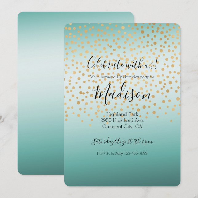 Convite Garota Glam Dourado Confetti Mint Ombre (Frente/Verso)