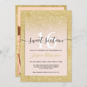 Convite Garota glitter ombre cor-de-rosa doce 16