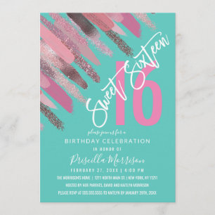 Convite Garota Glitter Pintura Brushbrato Rosa Teal Rosa D