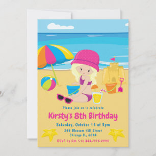 Convite Garota Loira Fofa Aniversário de Verão na Praia