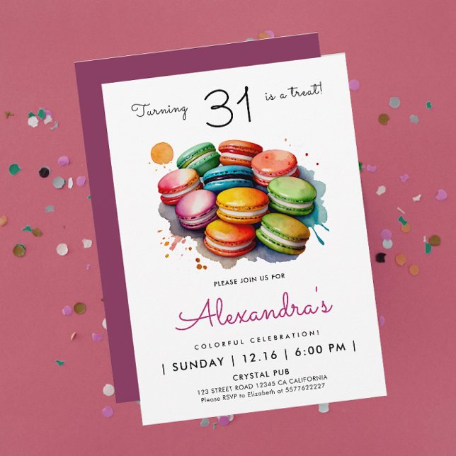 Convite Garota Moderna Chic Macarons Doces Aquarela Arco-í (Criador carregado)