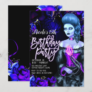Convite Garota Morta Brilhante Rosas Roxas Festa de Aniver