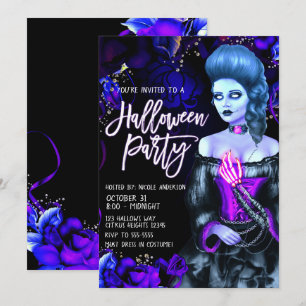 Convite Garota Morta Brilhante Rosas Roxas Festa de Hallow