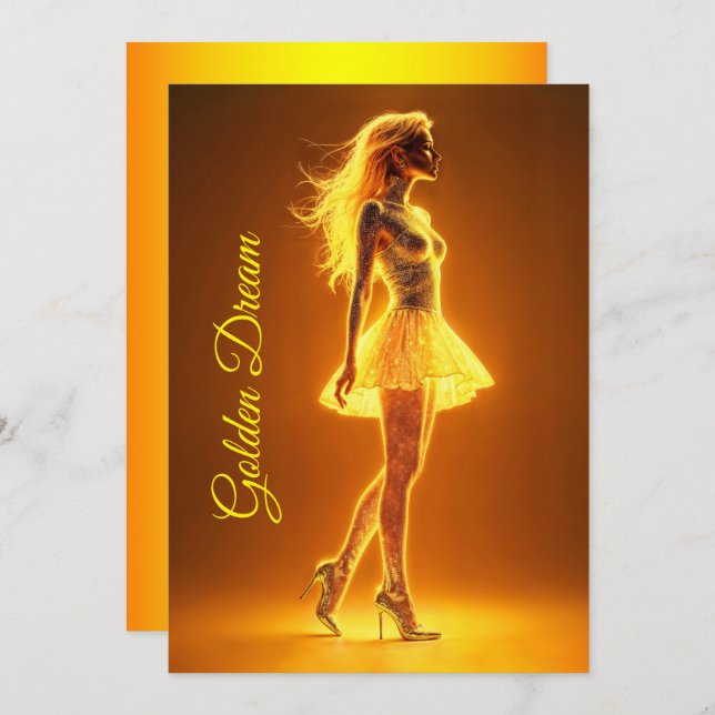 Convite Garota neon ouro em elegância brilhante (Frente/Verso)