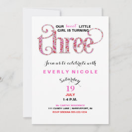 Convite Garota: O Terceiro Aniversário Vermelho Pink Sprin