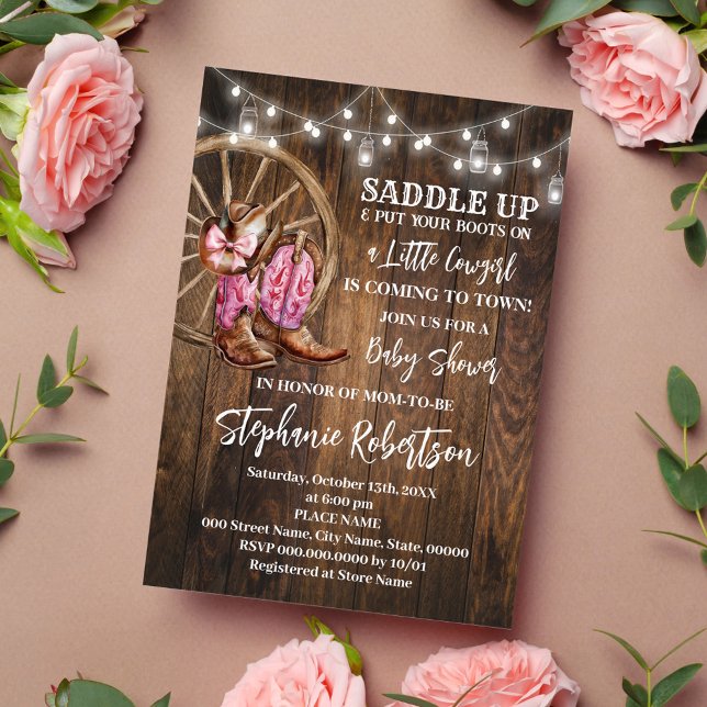 Convite Garota Ocidental Vindo ao Chá de fraldas Rosa da C (Criador carregado)