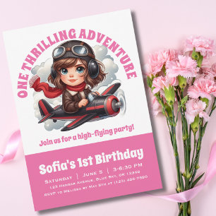 Convite Garota Piloto Fofa Voa Avião, Aniversário Rosa Fem