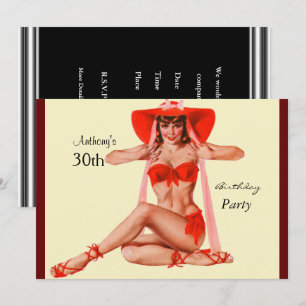 Convite Garota Pin-up Vermelha Creme Festa de Aniv