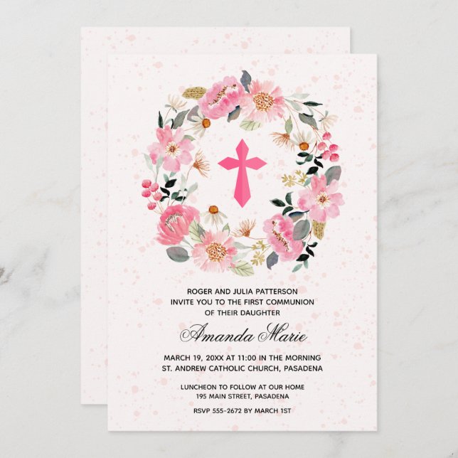 Convite Garota Primeira Comunhão Cor-de-Água Rosa (Frente/Verso)