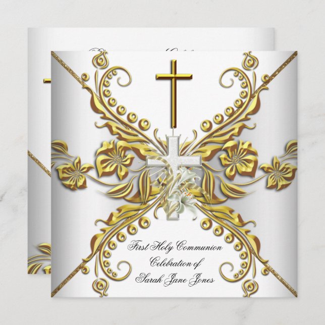 Convite Garota Primeira Comunhão Dourada Prata Branca Flor (Frente/Verso)