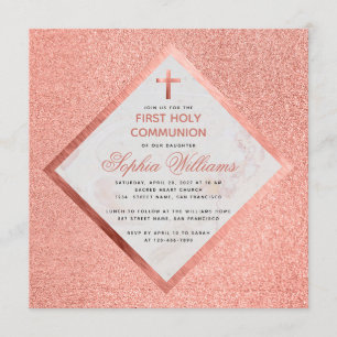 Convite Garota Primeira Comunhão Rosa Dourada Mármaco Rosa