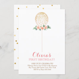 Convite Garota Primeiro Aniversário Balão Dourado de Aquar