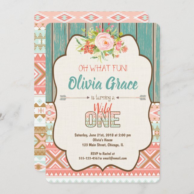 Convite Garota primeiro aniversario convidada, boho tribal (Frente/Verso)