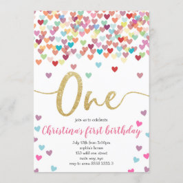 Convite Garota Primeiro Aniversário Corações Chá Arco-Íris
