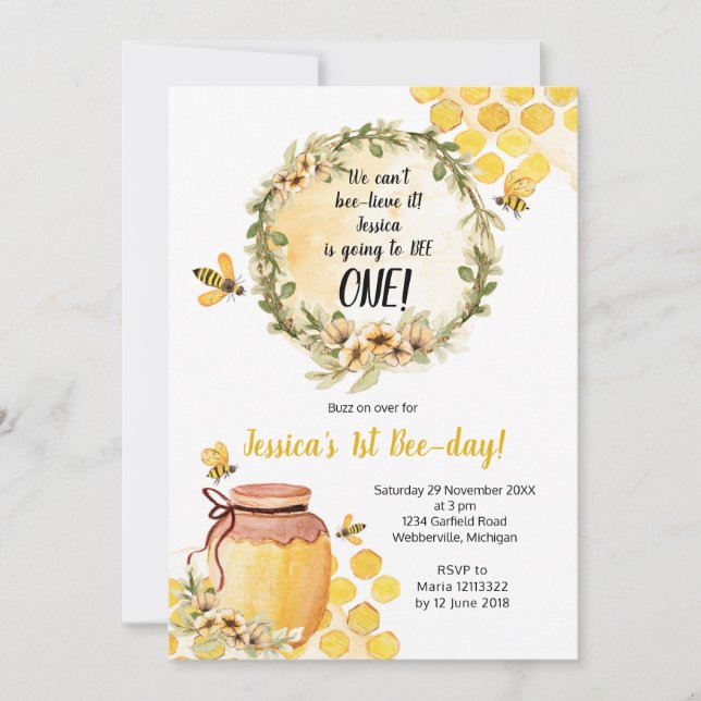 Convite Garota primeiro aniversario de abelhas (Frente)