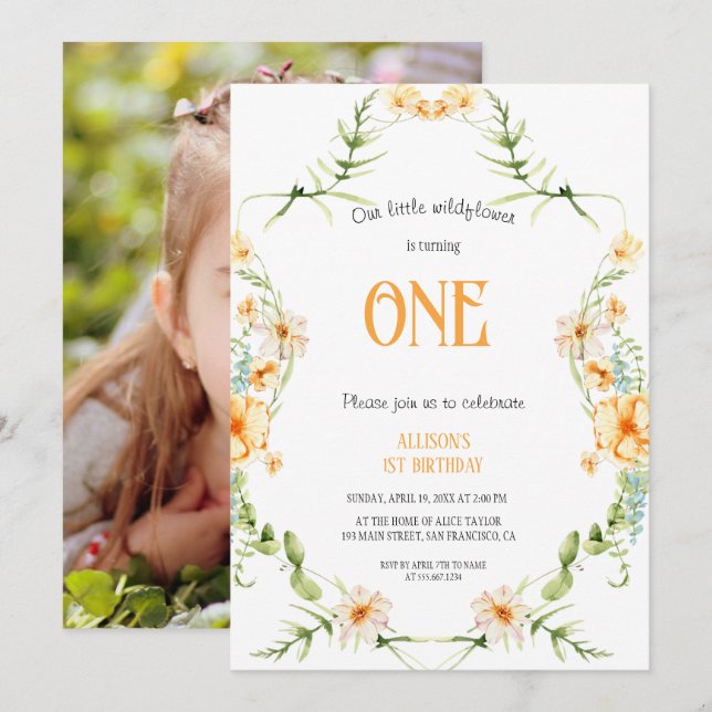 Convite Garota primeiro aniversario de flor selvagem (Frente/Verso)