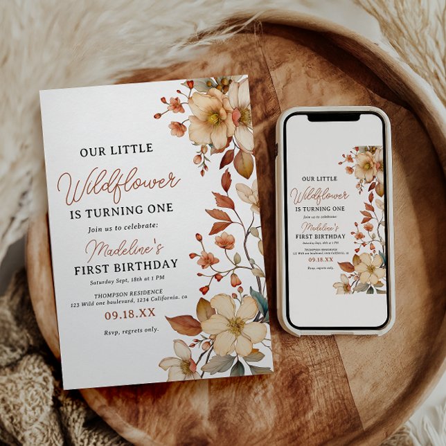 Convite Garota primeiro aniversario de Flor Selvagem Moder (Criador carregado)