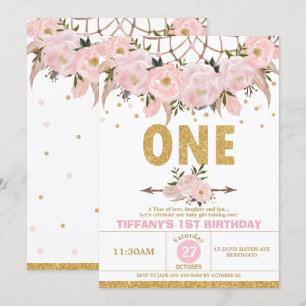 Convite Garota-primeiro aniversario-Sonhadora Rosa-Rosa-Bo