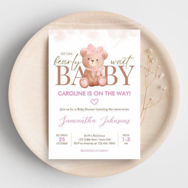 Convite Garota Que Podemos Apostar Chá de fraldas De Esper (We Can Bearly Wait Pink Bear Baby Shower Invitation)