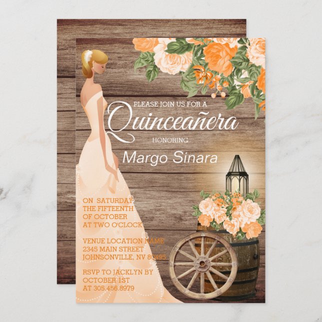 Convite Garota Quinceañera - Canas de Madeira e Flores de  (Frente/Verso)