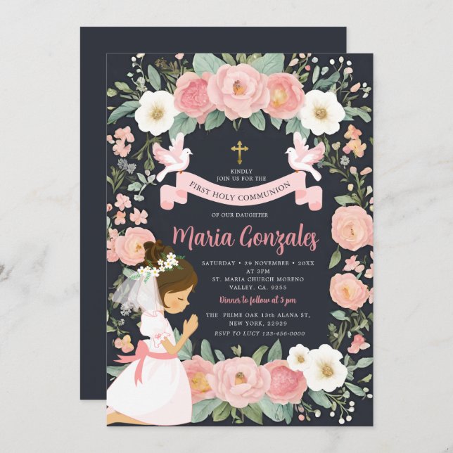 Convite Garota Rezando a Santa Sagrada Comunhão Rosa (Frente/Verso)