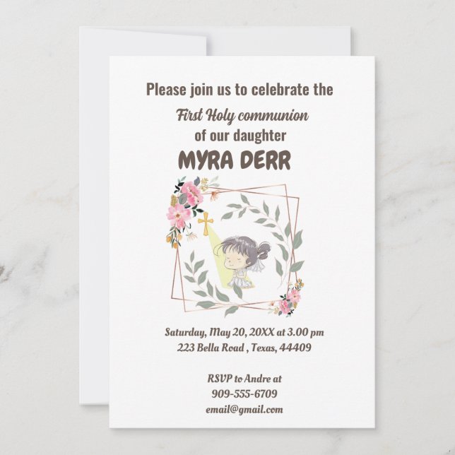 Convite Garota rezando para jesus cruzar a primeira comunh (Frente)