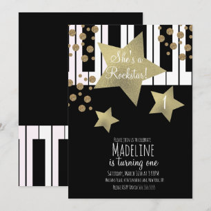 Convite Garota Rockstar Guitarra Faux Dourada Star Piano