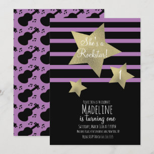Convite Garota Rockstar Guitarra Faux Estrela de Aniversá