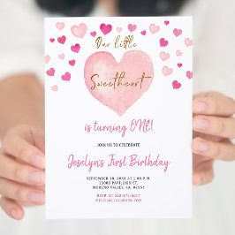 Convite Garota Rosa Aquarela Primeiro Coração de Aniversár