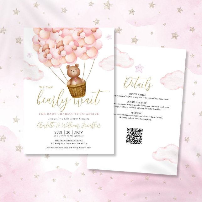 Convite Garota Rosa De Espera Toda Em Um Chá de fraldas (Bearly Wait Pink Girl All In One Baby Shower Invitation)