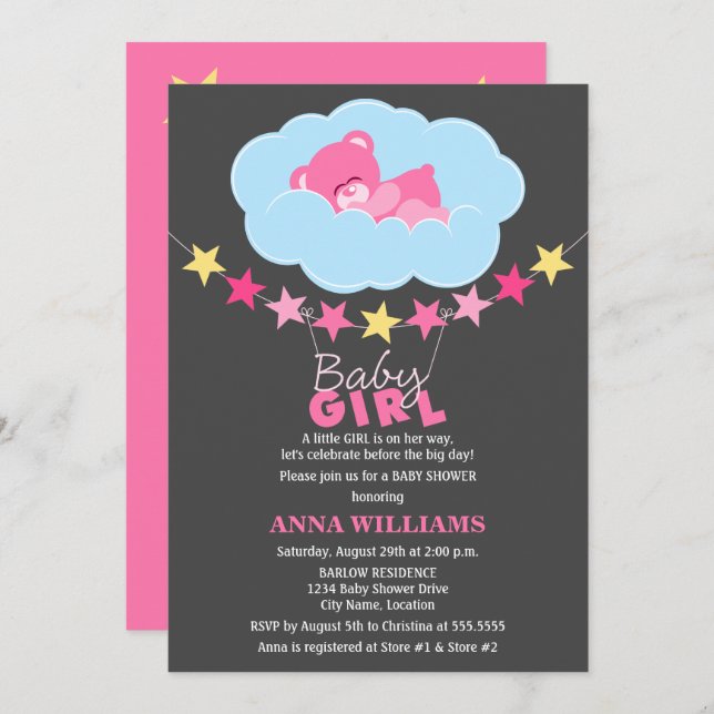 Convite Garota Rosa Dormindo Urso de Teddy no Chá de frald (Frente/Verso)