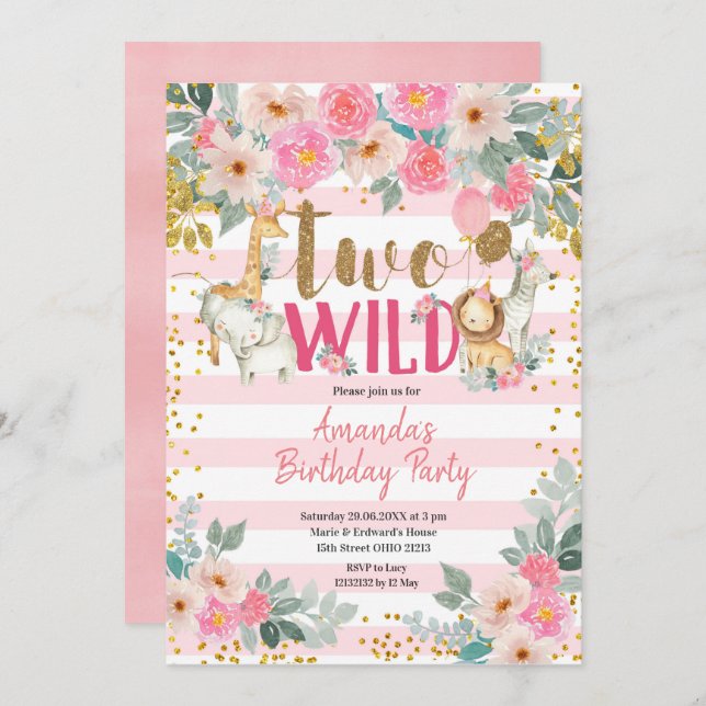 Convite Garota rosa e Dourada dois anos selvagens (Frente/Verso)