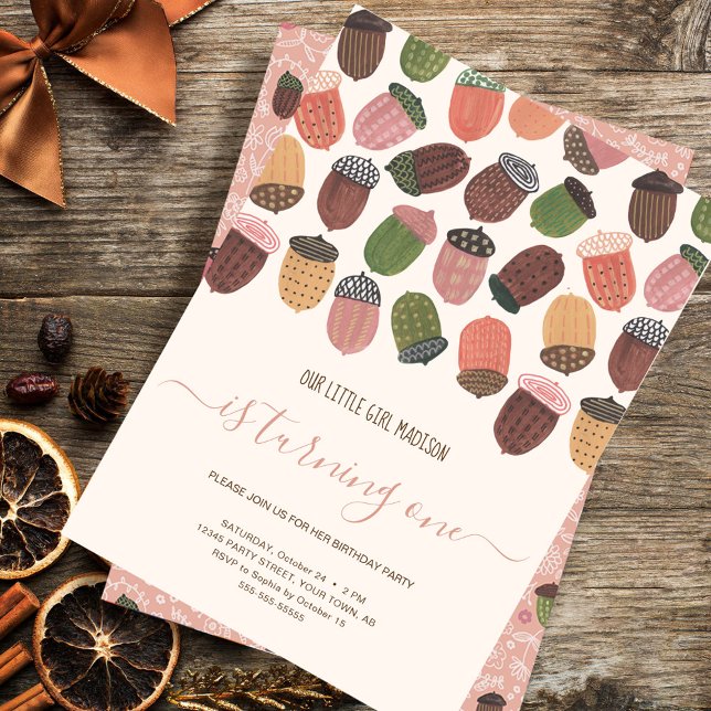 Convite Garota rosa-queda-branca-boia-coroa Primeira Festa (Cute Fall Pink Acorns girl First Birthday Party Invitation)
