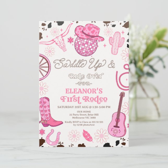 Convite Garota Rosa Quente - Bola Disco Primeiro Aniversár (Em pé/Frente)