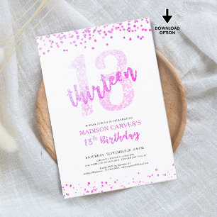 Convite Garota Rosa Quente, Glitter Confetti - 13 Aniversá