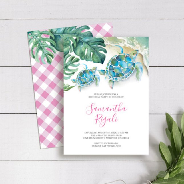 Convite Garota Rosa Tartaruga Tropical do Mar Gingham Aniv (Birthday party invitations girls cute pink and turquoise sea turtle watercolor Victoria Grigaliunas)
