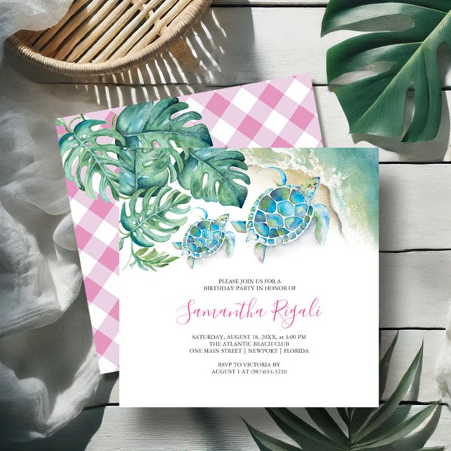 Convite Garota Rosa Tartaruga Tropical do Mar Gingham Aniv (Birthday invitations watercolor sea turtle and monstera palm leaf art by Victoria Grigaliunas)