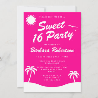 Convite Garota Rosa Tropical Beach Aniversário Doce 16