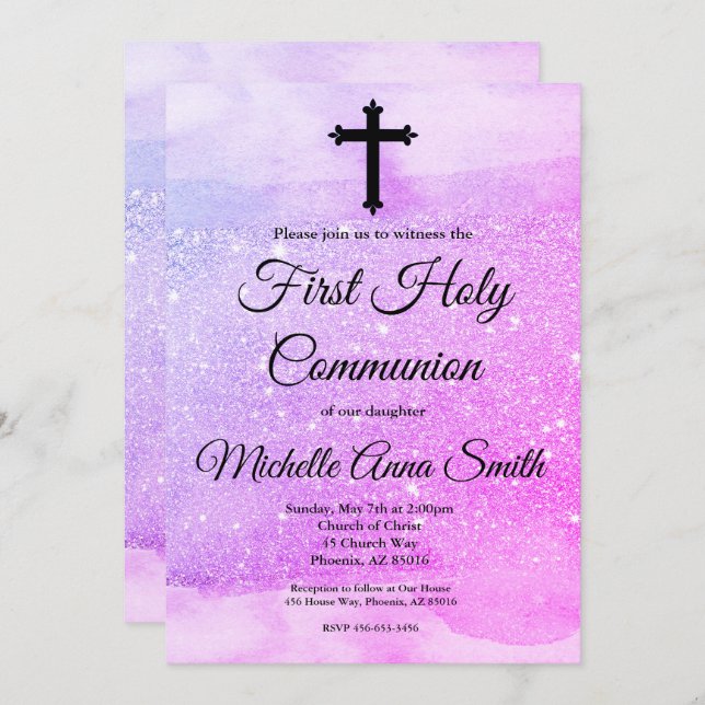 Convite Garota Roxa Rosa 1rua Primeira Comunhão Sagrada (Frente/Verso)