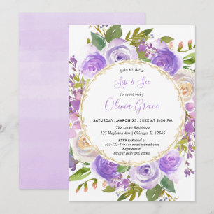 Convite Garota roxa Sip and See, lilac de lavanda floral