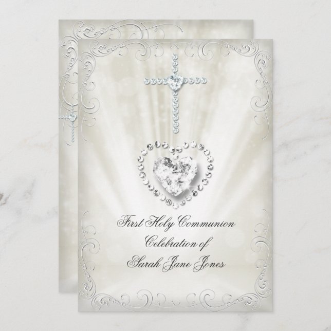 Convite Garota Sagrada Comunhão, bege Branco Celestial 2 (Frente/Verso)