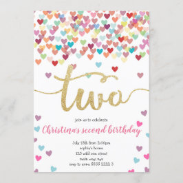 Convite Garota segundo aniversário Corações Confetti Rainb