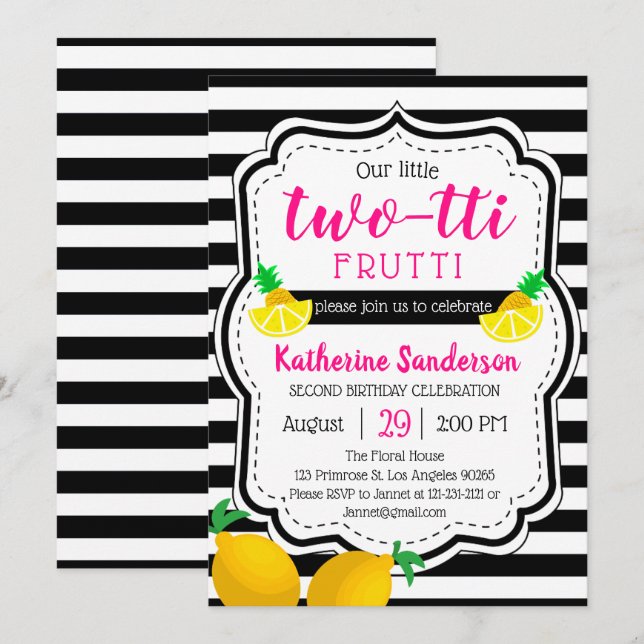 Convite Garota segundo aniversário Dois Doce Twotti Frutti (Frente/Verso)