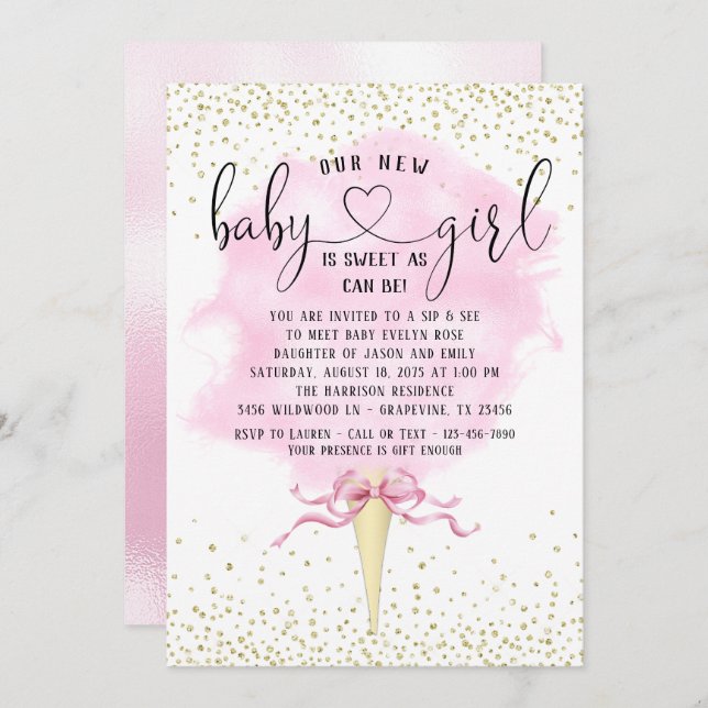 Convite Garota Sip e veja Chá de fraldas de algodão doce (Frente/Verso)