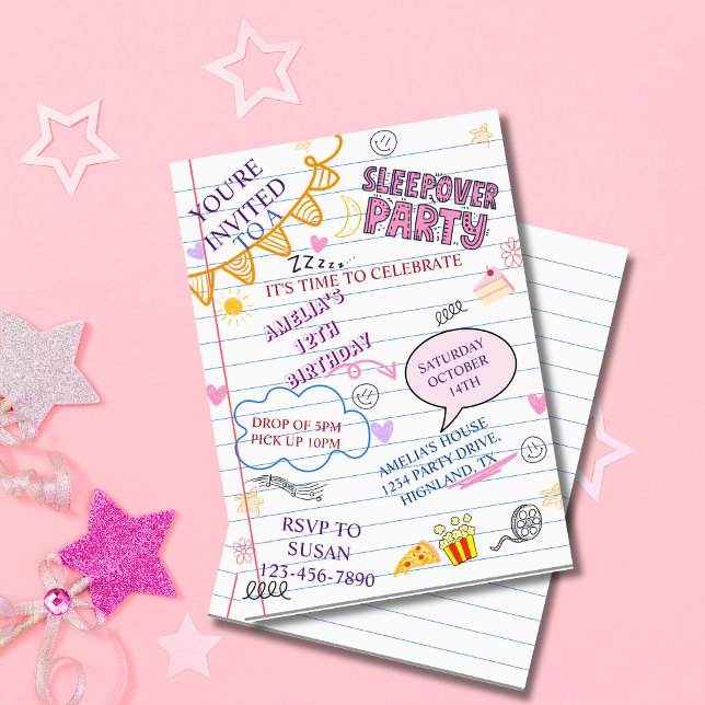 Convite Garota Sleepover Party Adolescente Crianças Desmor (Girl Sleepover Party Teen Kids Slumber Birthday Invitation)