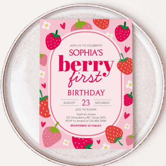 Convite Garota Strawberry Berry Primeira Festa de aniversá (Strawberry Berry First Birthday Party Invitation)