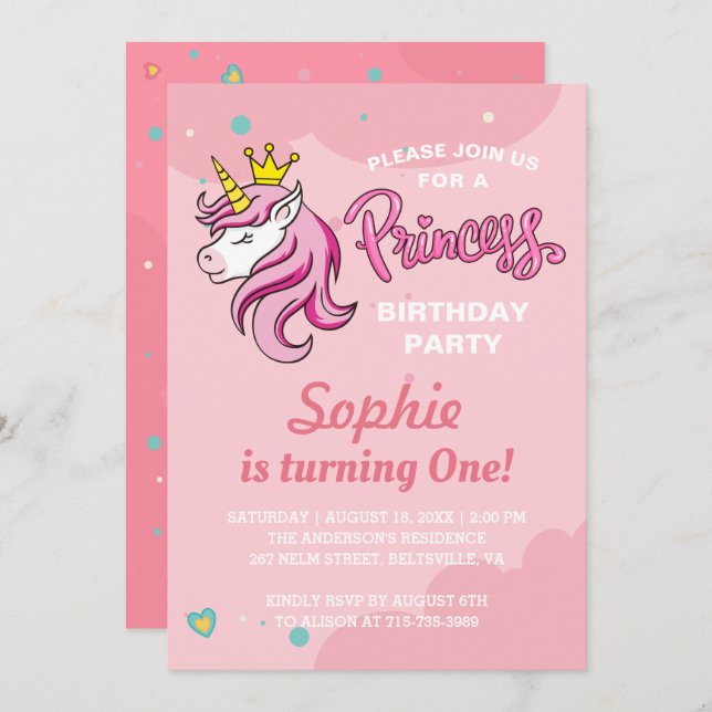 Convite Garota Unicórnio Princesa Festa de aniversário de  (Frente/Verso)