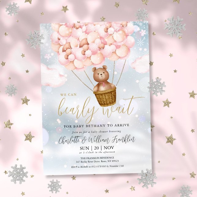 Convite Garota Urso de Pelúcia Mal Espera Inverno Baby Sho (Bearly Wait Teddy Bear Girl Winter Baby Shower Invitation)
